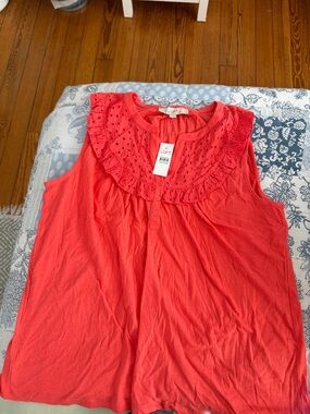 LOFT Coral Eyelet Ruffle Sleeveless Top